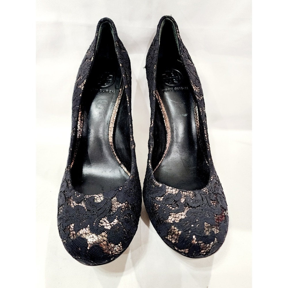 Tory Burch BLACK FABRIC LACE Mesh Silver Leather Stiletto Heel Pump High 9.5 New - Picture 3 of 16